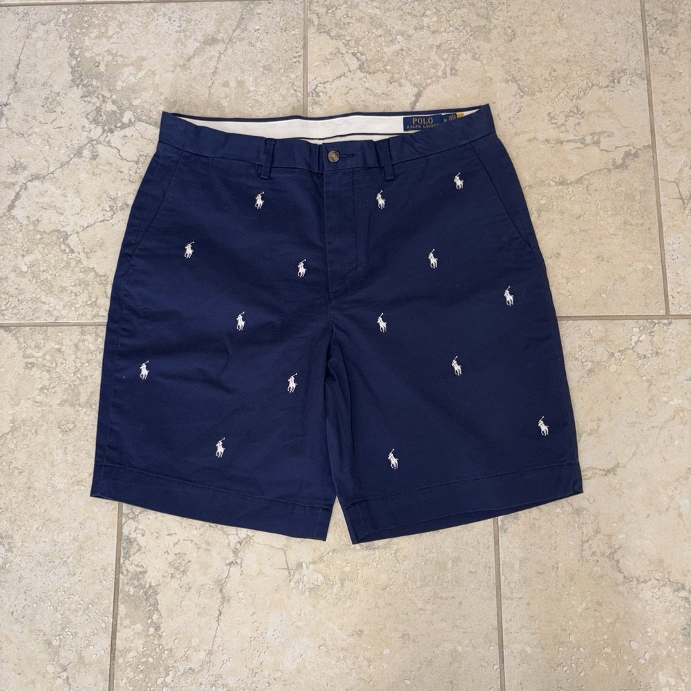 Polo Ralph Lauren Shorts Mens 34 Navy Chino All Over Pony Stretch Classic Fit